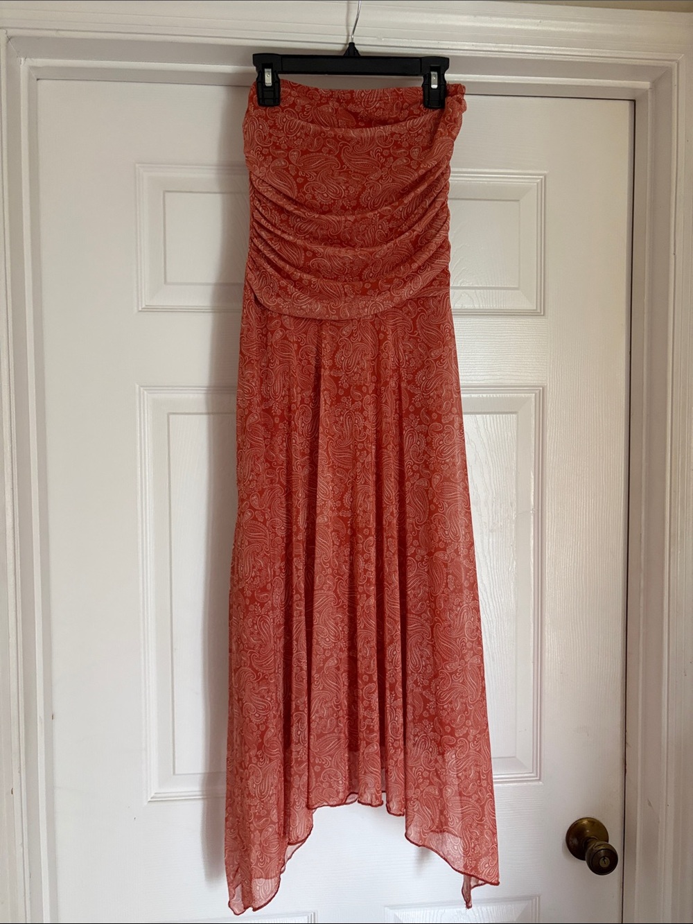See You Monday Coral Pumpkin Paisley print Strapless High-Low Maxi Dress